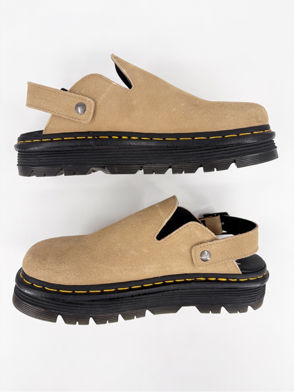 DR. MARTENS Zebzag Tan Suede Platform Mules Clogs 10 - Picture 9 of 16